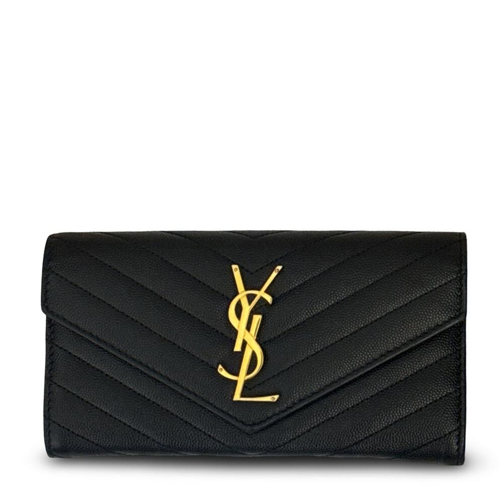 Saint Laurent Black Chevron Leather Wallet with Gold YSL Emblem Crossbody